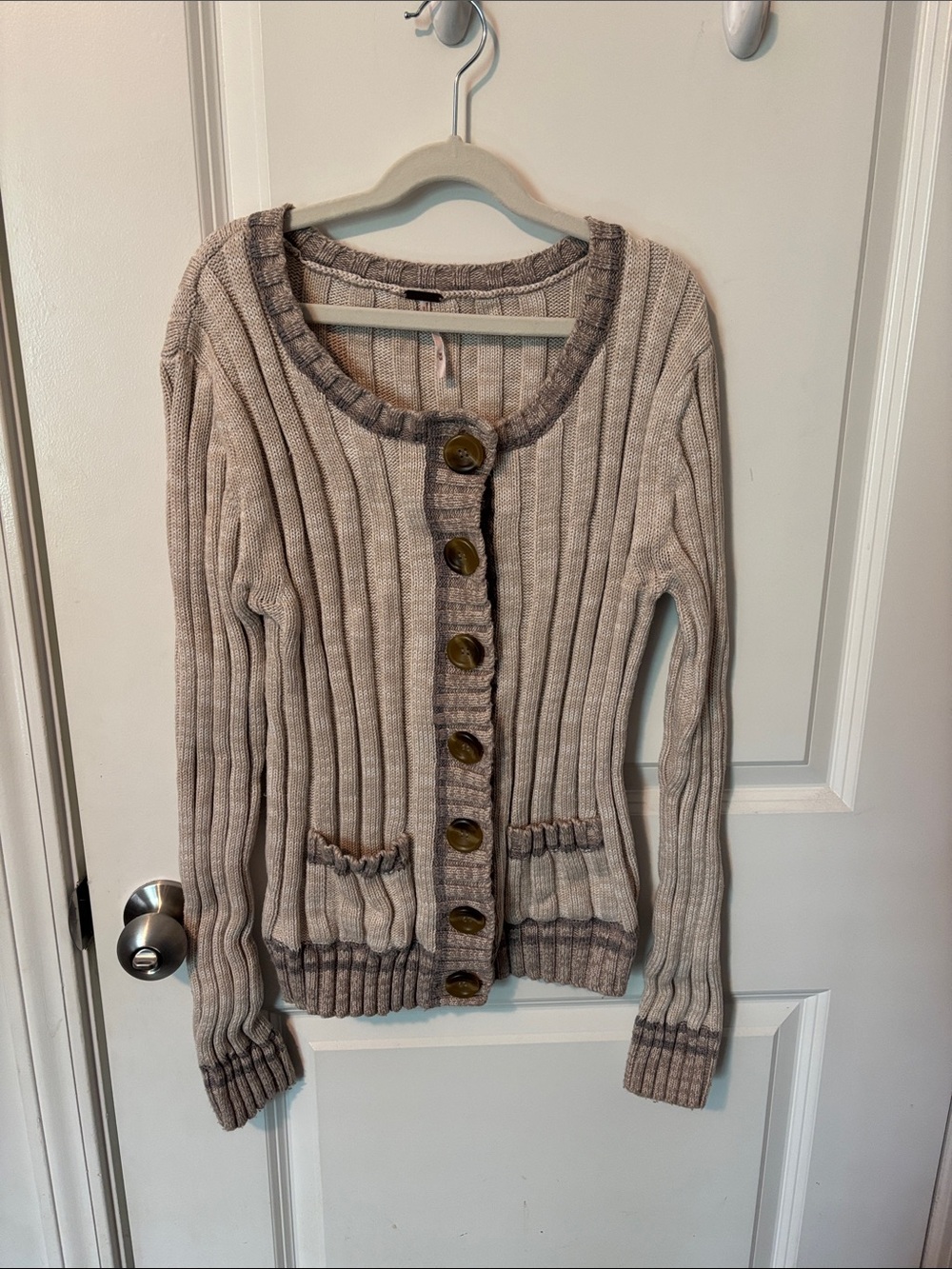 Free People Cream Taupe Ribbed Button-Up Cardigan